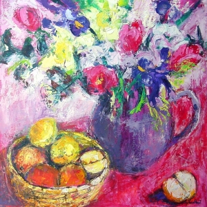 spring flowers and fruit basket